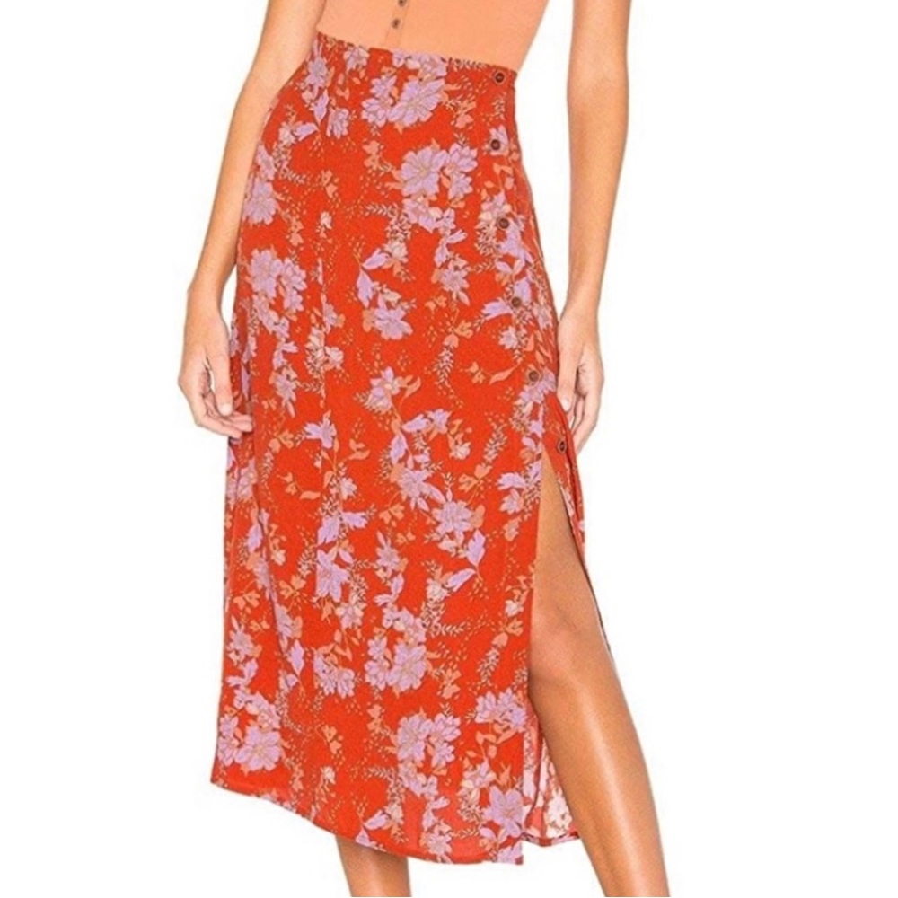 Burnt Orange Floral Retro Love Midi Skirt